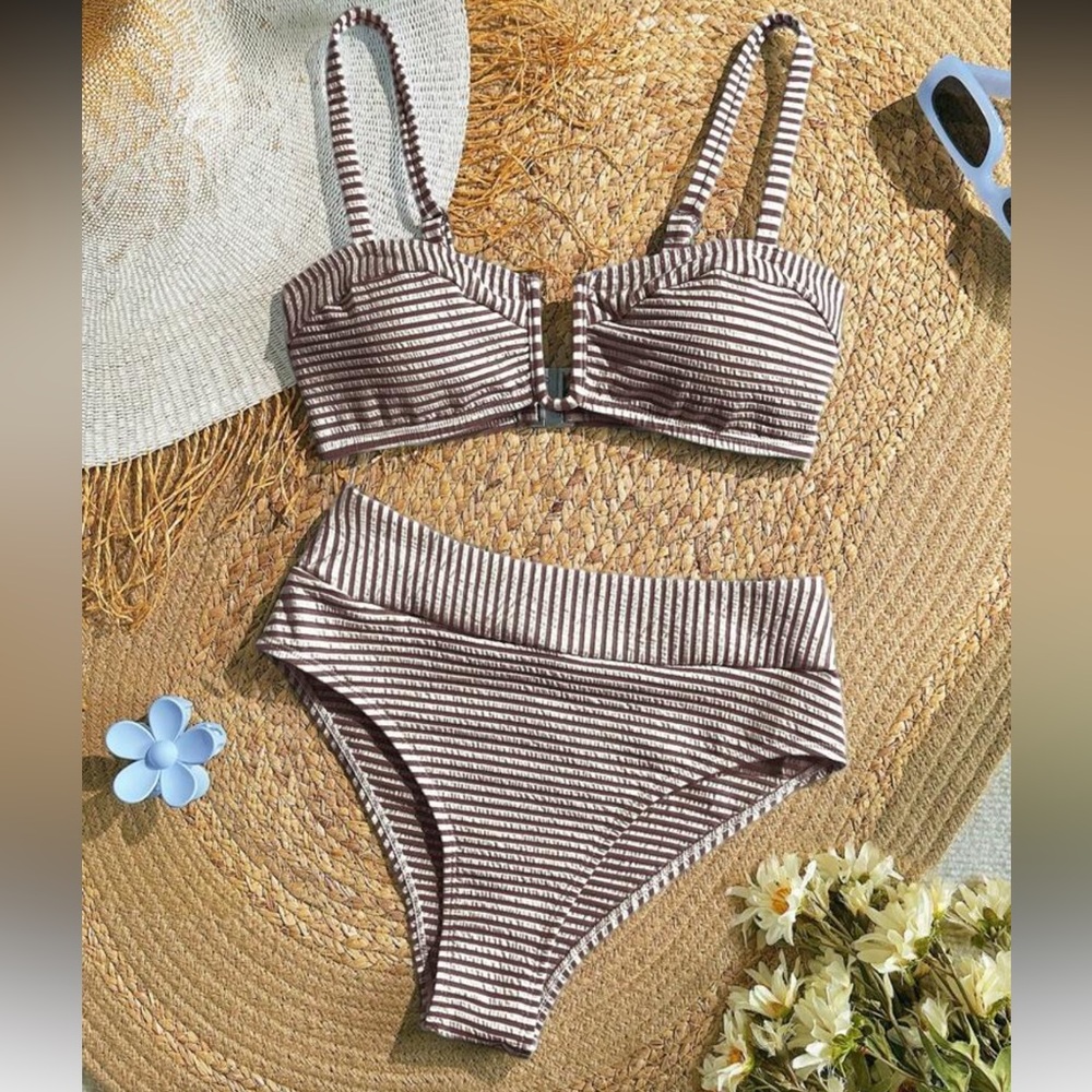 Striped Brown and White Bikini Set